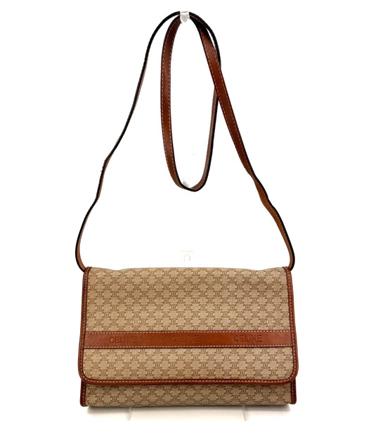 CELINE Macadam Shoulder Bag PVC Leather Beige Brown Crossbody Authentic