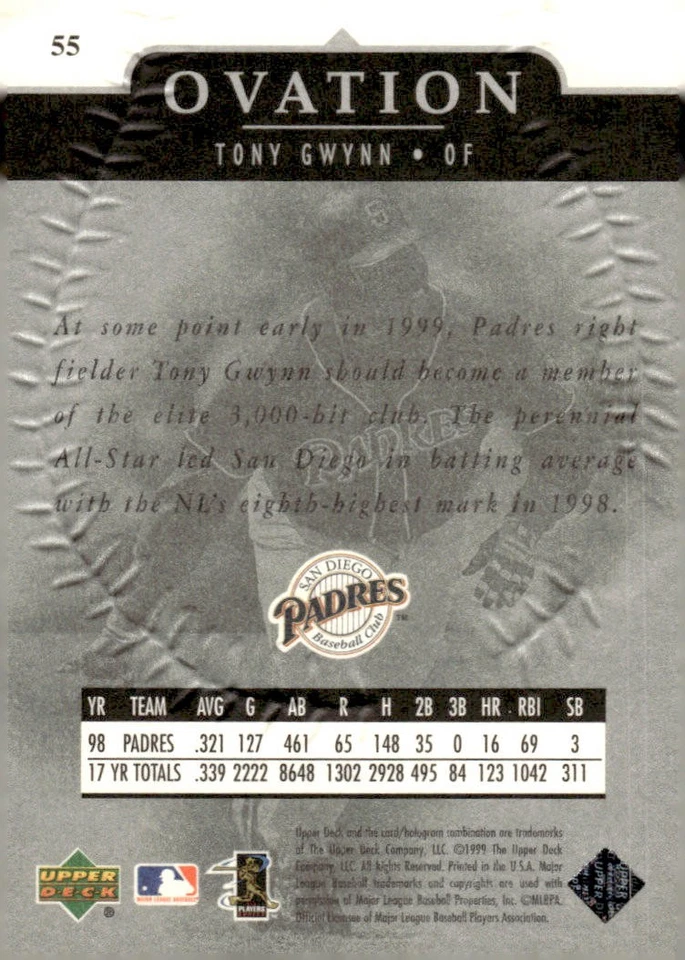 1999 Upper Deck Ovation #55 Tony Gwynn - Image 2 of 2