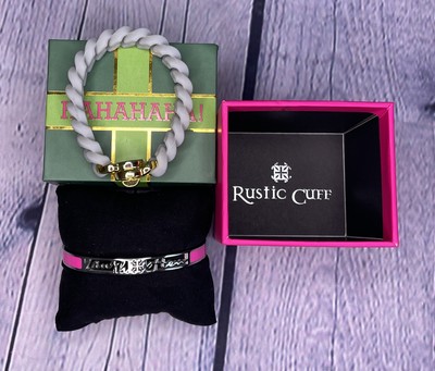 Rustic Cuff Lot Of 2: Gray Silicone Stretch & Pink w/ Silver  Laugh Often 