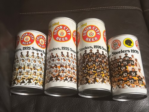 4 Vtg Pittsburgh Steelers IRON CITY BEER CANS NFL 1975,76,79 Super Bowl Champs