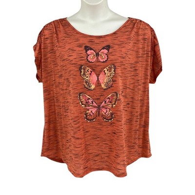 TruSelf Womens Knit Top Size 3X Rust Butterfly Graphic Rouching Shoulders SS
