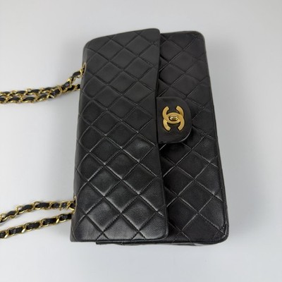 Auth CHANEL Medium Classic Double Flap Chain Bag Black Lambskin