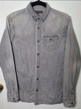 AllSaints Merrimac Cotton Gray Denim Shirt Mens XS SnapFront Luxury Casual