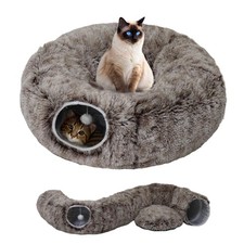 Cat Tunnel Bed for Indoor Cats with Washable Cushion Cave Medium, Brown