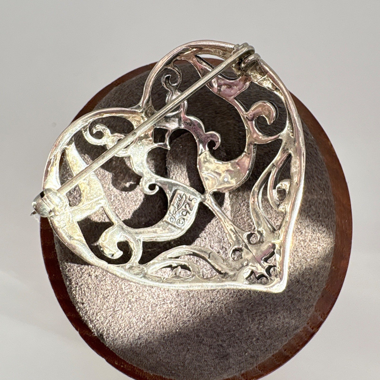 VTG Solid Sterling Silver 925 Scroll Filigree Hea… - image 5