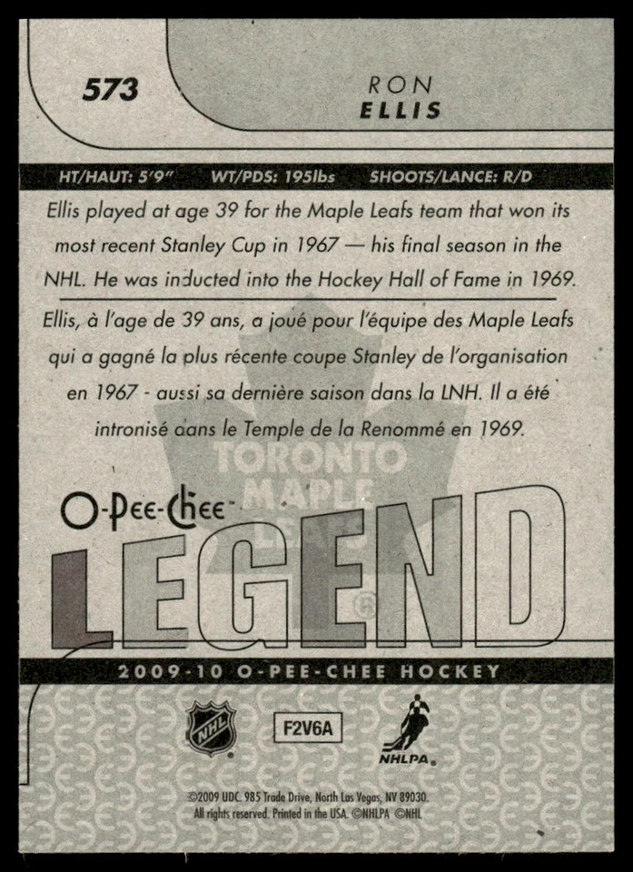 2009-10 O-Pee-Chee MARQUEE LEGEND Ron Ellis Toronto Maple Leafs #573 - Image 2 of 2