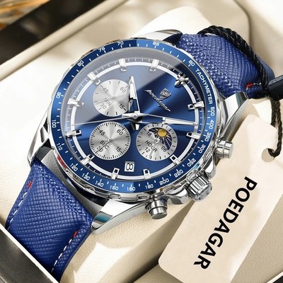 POEDAGAR Herren Chronograph Uhr Schwarz Lederband Wasserdicht Sport Quarz 