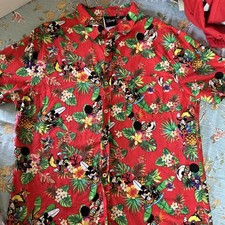 Disney Hawaiian Shirt XL MEN Red Mickey Mouse Minnie Mouse Floral Surfing COTTON
