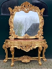 Console Table With Mirror Baroque Rococo Gilded Italian Pink Marble Set