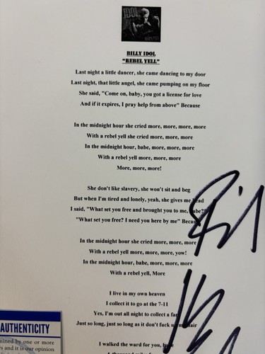 Hoja de letras autografiada firmada por Billy Idol ~ "Rebel Yell" ~ PSA/COA - Imagen 4 de 5