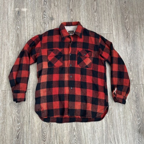 Vtg 1940s 30s Big Yank Buffalo Plaid Wool Button Up Flannel Large Rockabilly Red