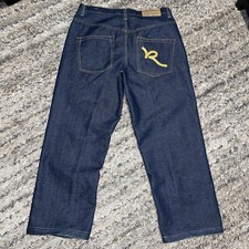 VINTAGE Rocawear Authentic Jeans 34 Blue Denim Gold Embroidered Y2K HipHop Buggy