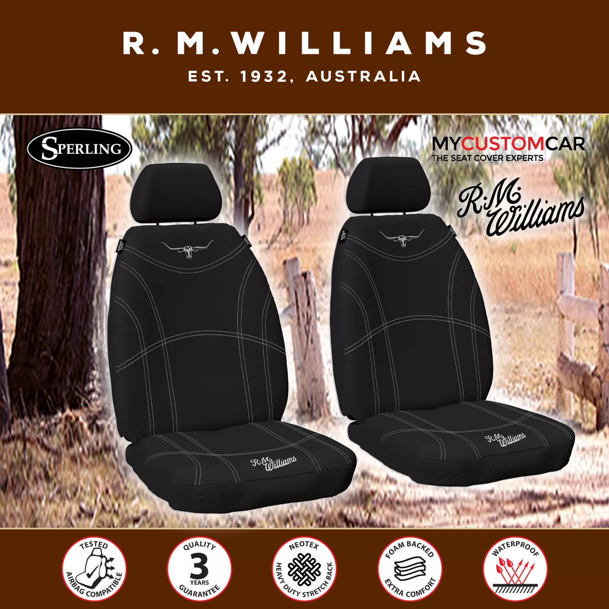 R.M.Williams RMW Longhorns Neoprene Black Front Car Seat Covers