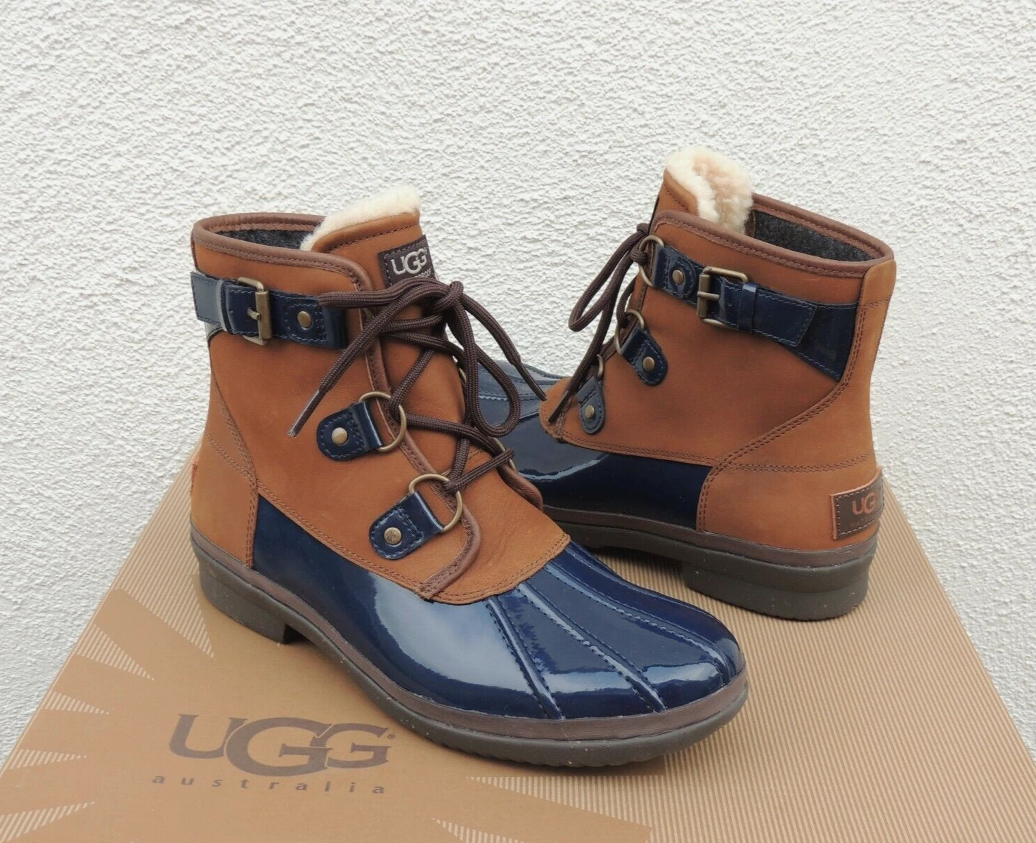STIVALI ANATRA IMPERMEABILI UGG CECILE PELLE MARINA LANA DI PECORA DONNA US 6 EUR 37 ~NUOVI CON SCATOLA