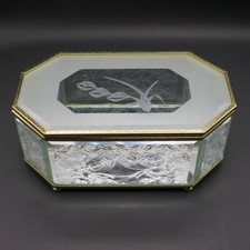 Vintage Hand Crafted Etched Beveled Glass Gold Gilt Vanity Jewelry Trinket Box