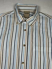Scandia Woods Mens M Blue Beige Striped Button Up Shirt Short Sleeve