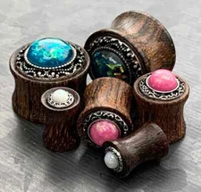 PAIR Synthetic Opal w/Tribal Pattern Casting Wood Saddle Plugs Body Jewelry