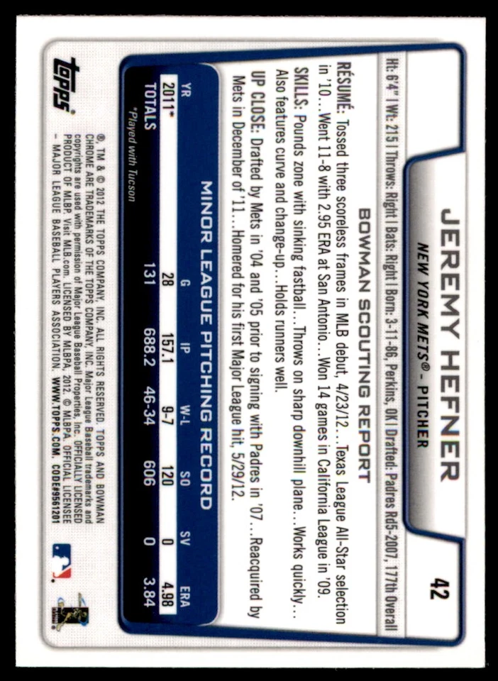 2012 Bowman Draft Picks & Prospects Chrome Jeremy Hefner New York Mets #42 - Image 2 of 2