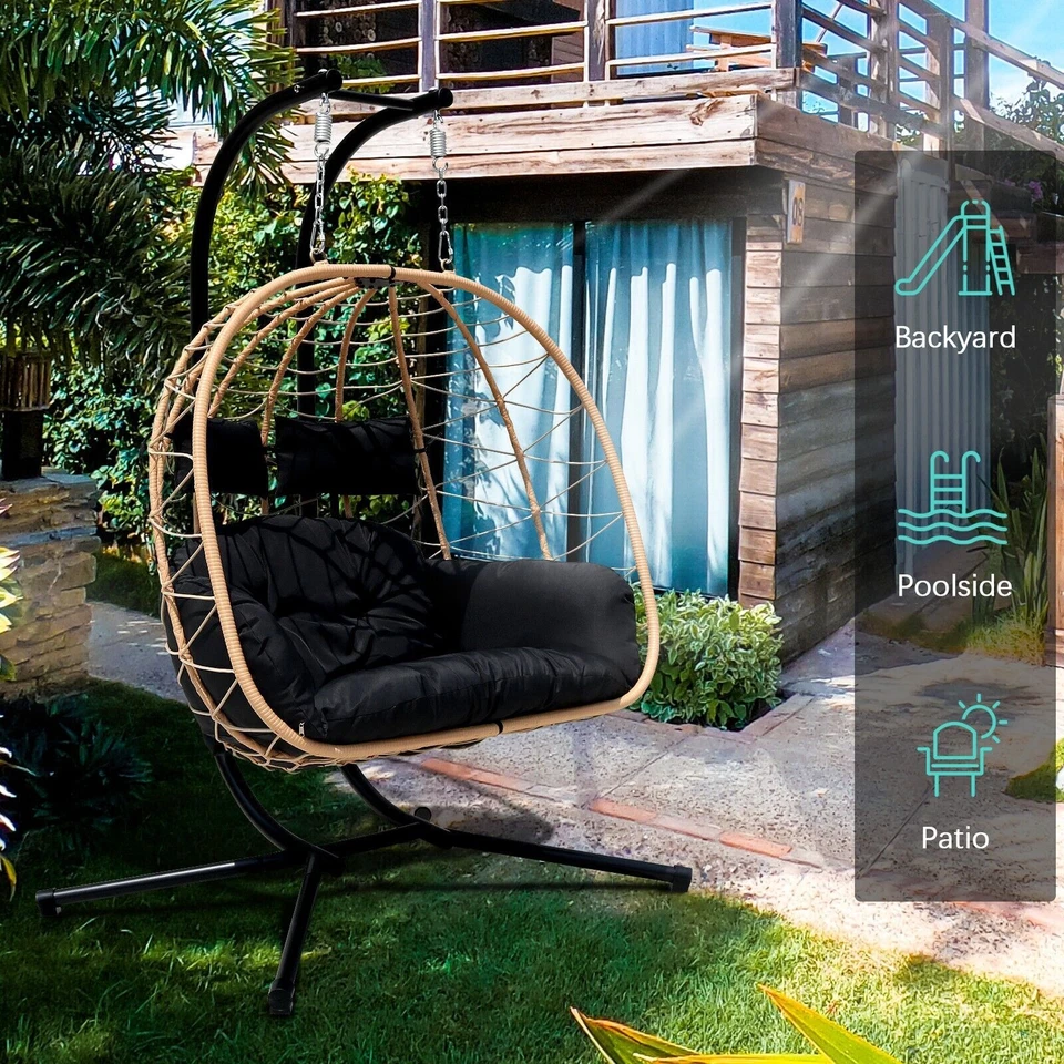 Silla Colgante Doble Patio 2 Personas Columpio Mimbre Huevo Silla con Cojín Negro Foto 2 de 4