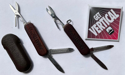 lot of 2 rare Armstrong Pump 3-blade Pocket Knives + rare Pinback 'Get Vertical'