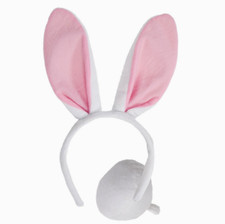 Adult White and Pink Bunny Ears Tail Set Fancy Dress Easter Costume Accessories