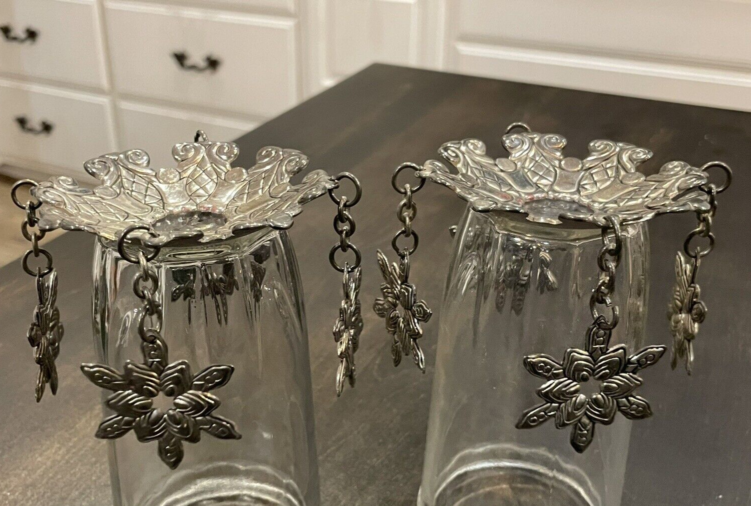Set of 2 Vintage Silver Tone 3.5" Metal Bobeche Ornate w/ Hanging Snowflakes B77