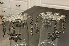 Set of 2 Vintage Silver Tone 3.5" Metal Bobeche Ornate w/ Hanging Snowflakes B77