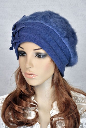 Sombrero de invierno de piel de conejo sintético para mujer gorro gorra linda hoja flores azul - Imagen 2 de 3