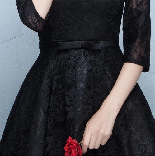 Chinesischer Stil Spitze Blumen Langarm schwarz Kleider Damen formell Cocktailkleid - Bild 11 von 17