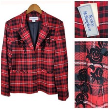 Vintage NEW Wool Blazer Jacket size 10 Tartan Plaid Red Floral Embroidered Alt