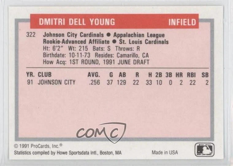 1991 ProCards Tomorrow's Heroes Dmitri Young #322 - Image 2 of 2