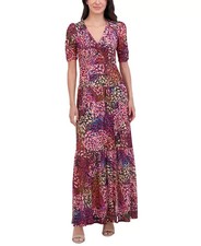Vince Camuto V-Neck Front-Shirred Maxi Dress Women's 2 Purple Multi Back Zip