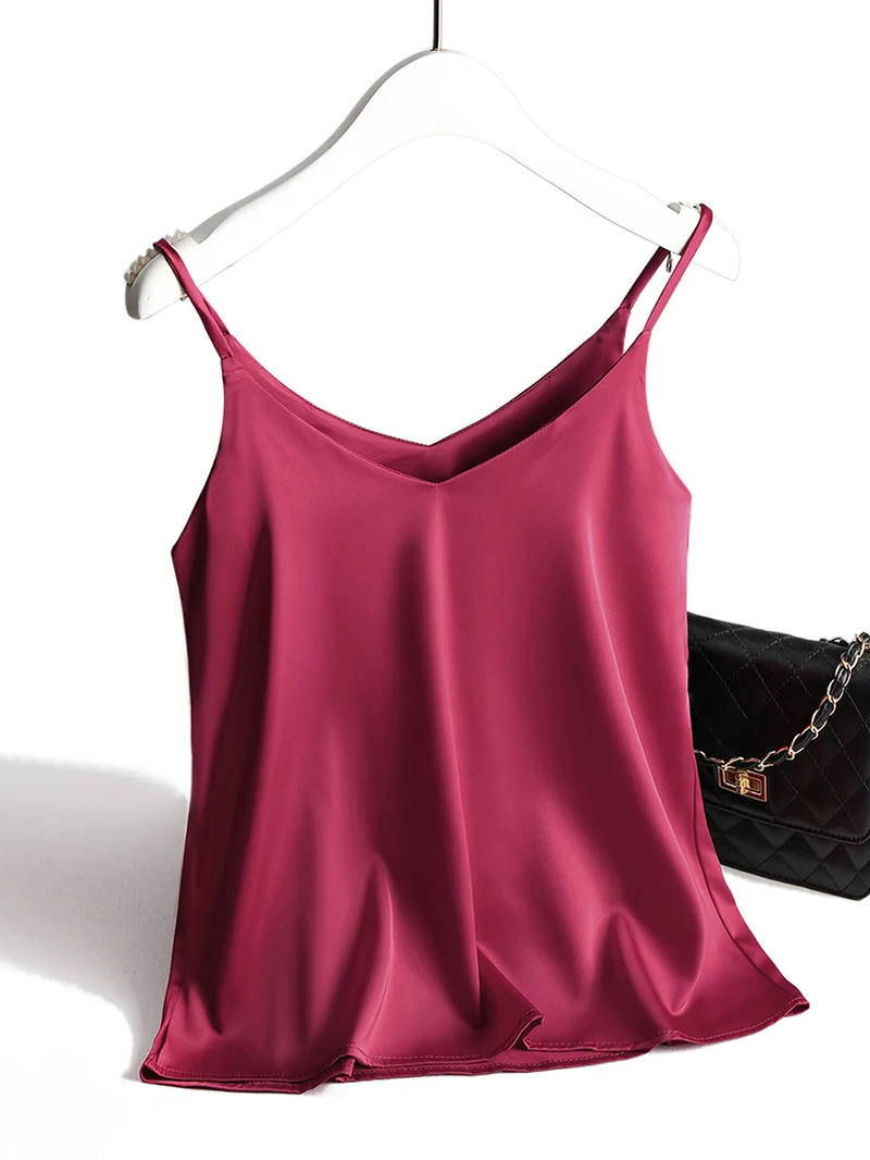 2025 Spaghetti Strap Top Women Halter V Neck Basic White Cami Sleeveless Satin S