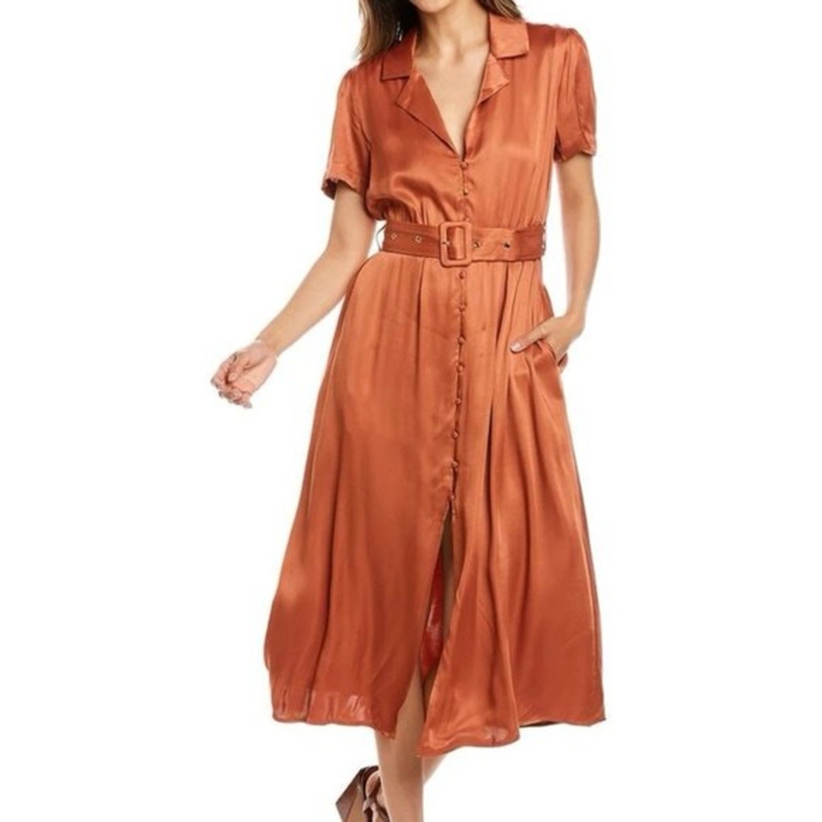 WeWoreWhat Camp Satin Collar Shirt midi Dress Clay NWT 69.00 Small