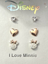 Disney's I Love Minnie Mouse CZ Nickel Free 3 Stud Earring Set w/Box