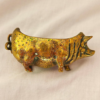 Small Antique Brass Pig Figurine Hollow Pin Cushion Holder