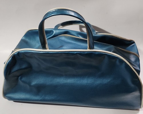 Vintage 1970s Metallic Blue Vinyl Travel Duffle Bag White Piping Trim