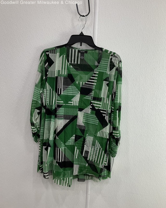 Alfani Green Striped Geometric Sheer Long-Sleeve V-Neck Women's Blouse Sz L NWT