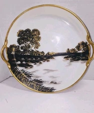Antique Nippon Morimura Double-Handled Dessert Plate | B&W Landscape/Gold