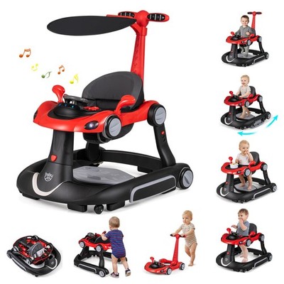 6-in-1 Baby Walker w/Canopy, Music, Lights, Speed/Height Adjustment & Wheels