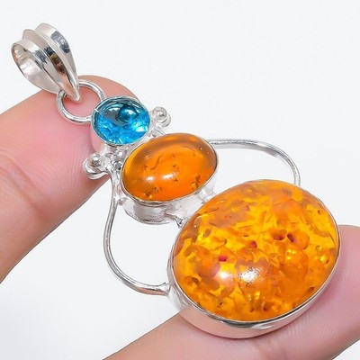 Baltic Amber Gemstone Handmade 925 Sterling Silver Jewelry Pendant Size 2.1''