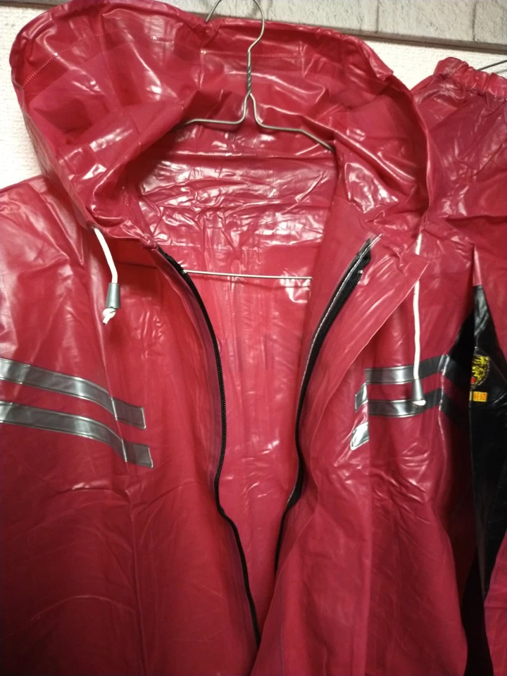 Wine red with black tigerhead pvc plastic jacket and pants rainwear rainsuit - Image 2 of 4