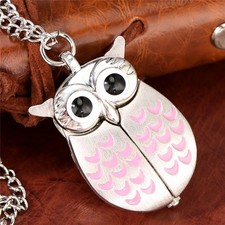 Cute Pink Owl Pocket Watch with Necklace Chain Small Size Gift for Women Men
