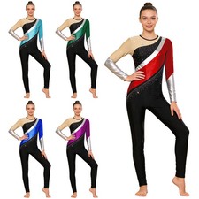Women's Metallic Shiny Gymnastics Jumpsuit Color Block Rhinestones Long Sleeve
