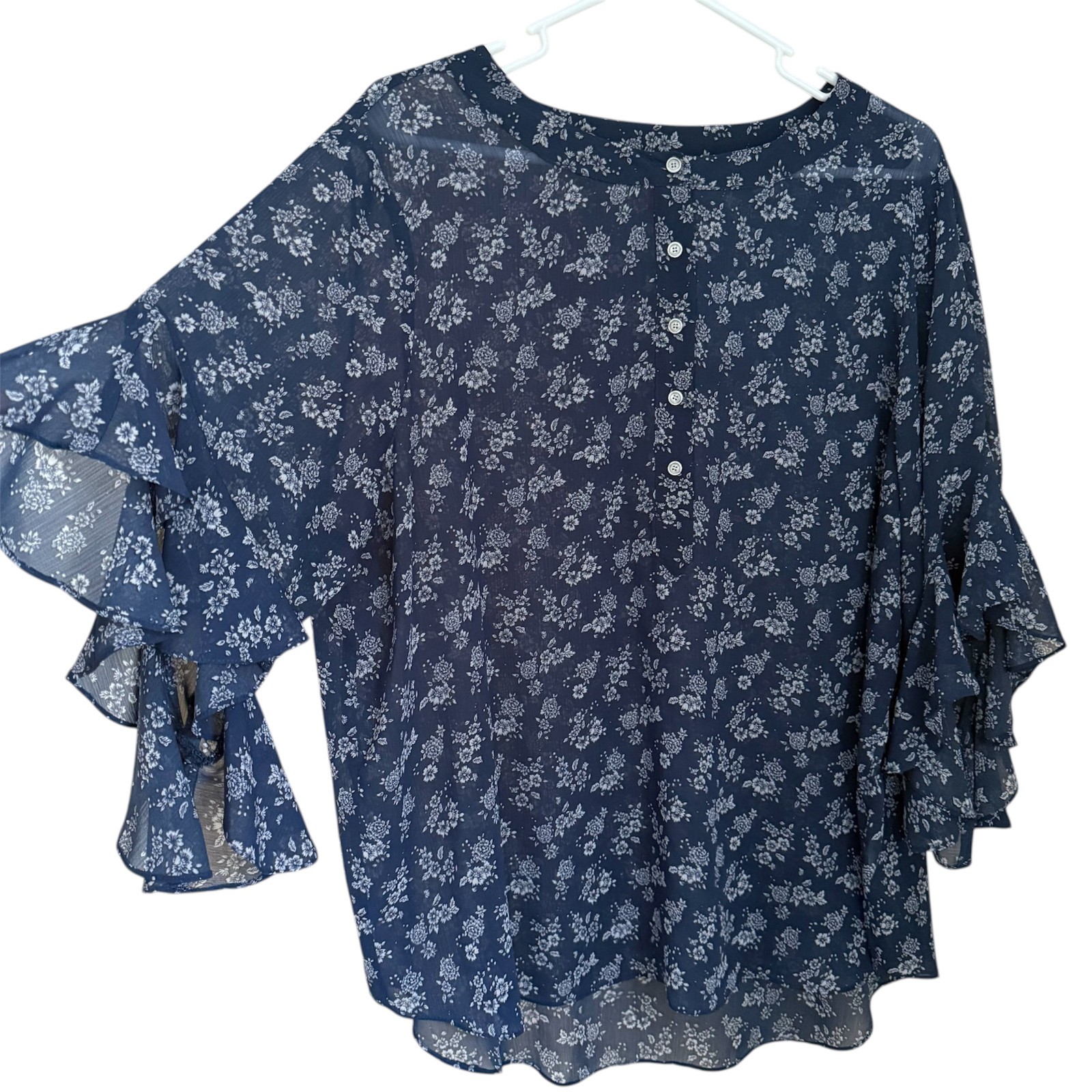 Vince Camuto Blue Floral Chiffon Top Sz XL Ruffle Tiered Sleeve Cottagecore Boho