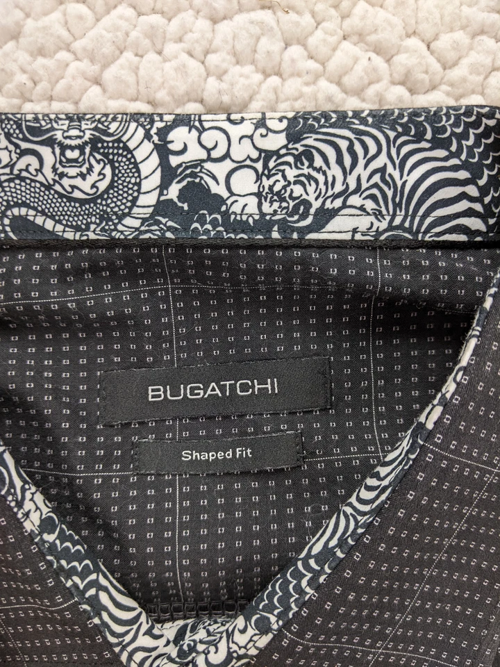 Bugatchi Shaped Fit Men XL 17.5 Black Dragon Flip Cuff Button Shirt Windowpane - Image 2 of 4