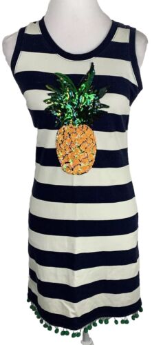 Boston Proper Sequin Pineapple Dress Blue Stripes Size XS Green Pom Pom Hem - Picture 2 of 9