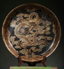 14.5'' Old Chinese Lacquerware Gold Dragon Beast Pattern Tray Dish Plate