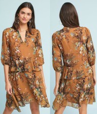 ANTHROPOLOGIE NWT Printed Flutter-Sleeve Shirtdress Brown Floral Sz XS $168 