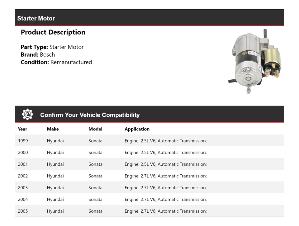 For 1999-2005 Hyundai Sonata Bosch Starter (Remanufactured) 2000 2001 2002 2003 - Image 2 of 4